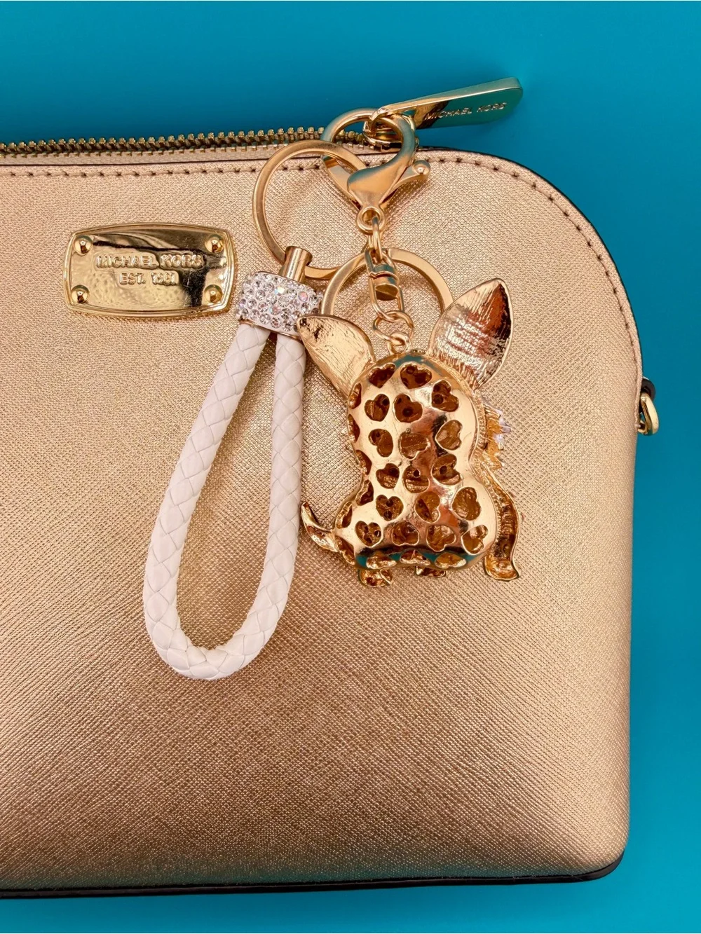 🐶 White & Gold CORGI PUPPY DOG Crystal Rhinestone Bag Charm /Keychain + Key Ring